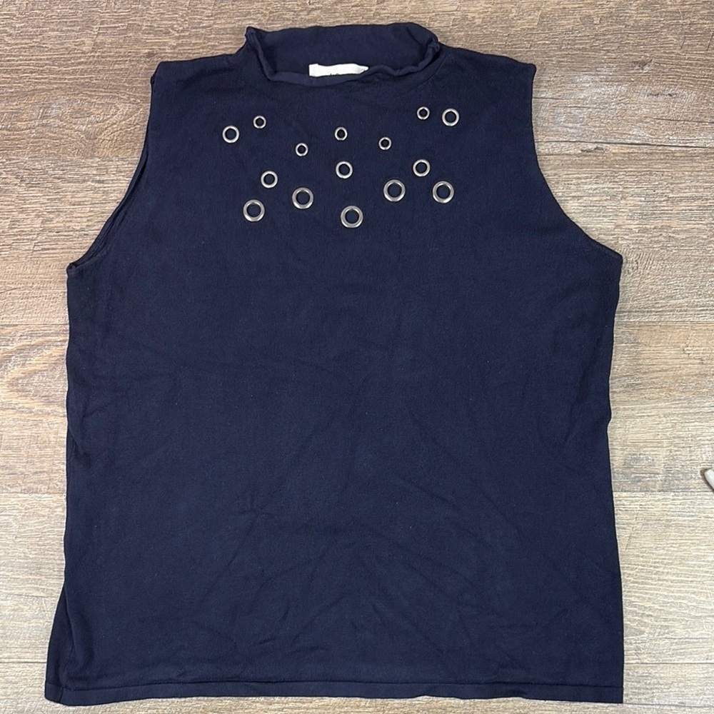 Peck & Peck Silver Embellished Blue Knit Blouse XL